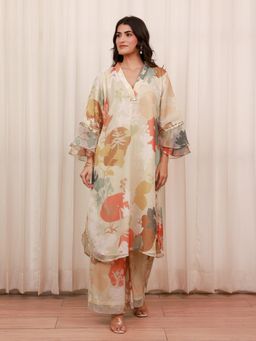 AROOP SHOP INDIA - Beige Magnolia Floral Print Kurta with Pant
