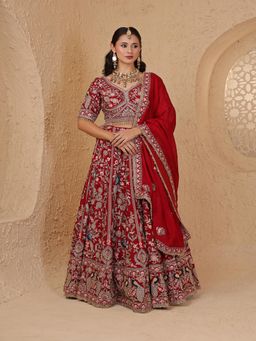 MILU MADAN - Maroon Silk Aari & Zardozi Bridal Lehenga with Blouse & Dupatta