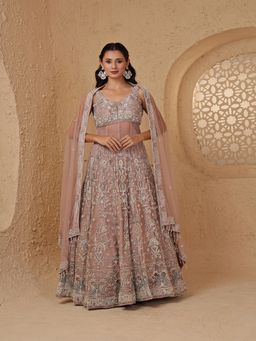 MILU MADAN - Onion Pink Net Heavy Pearl & Embroidery Lehenga with Corset & Dupatta