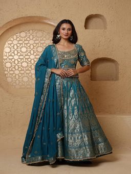 MILU MADAN - Persian Turquoise Silk Brocade Lehenga with Blouse & Dupatta