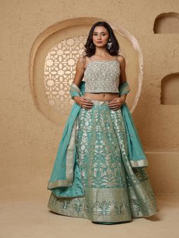 MILU MADAN - Teal Organza Brocade Lehenga with Blouse & Dupatta