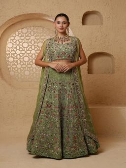 MILU MADAN - Leaf Green Mirror Work Lehenga with Blouse & Dupatta