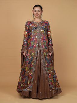 MILU MADAN - Mocha Brown Viscose Silk Mirrorwork Jacket with Lehenga & Dupatta