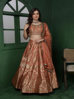 MILU MADAN - Orange Banarsi Silk Brocade Lehenga with Blouse & Dupatta