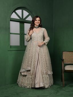 MILU MADAN - Light Fawn Net Heavy Embroidered Jacket with Lehenga & Dupatta