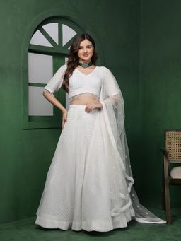 MILU MADAN - White Double Net Beadwork Lehenga with Blouse & Dupatta
