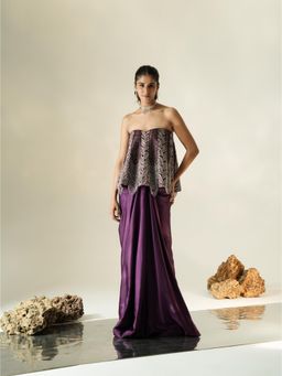 Muskan Aggarwal - Exotic Plum Strapless Tassel Embroidered Top with Drape Skirt