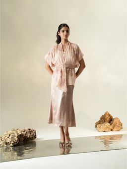 Muskan Aggarwal - Blush Pink Fit And Flare Midi Dress with Embroidered Cape with Belt