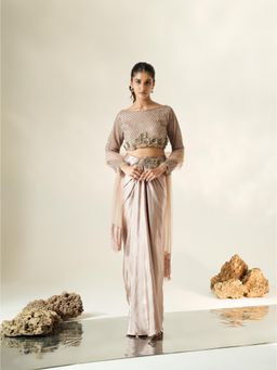 Muskan Aggarwal - Blush Pink Embroidered Blouse with Skirt & Tassel Dupatta
