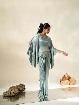 Muskan Aggarwal - Pastel Blue Embroidered Top with Drape Skirt