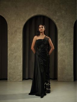 Muskan Aggarwal - Black Strapless Corset Attached Embroidered Cutwork Gown