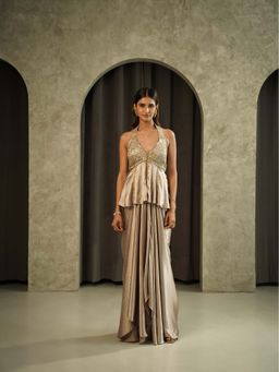 Muskan Aggarwal - Luminance Gold Halter Neck Peplum Top with Drape Skirt