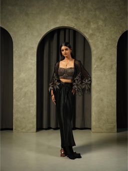 Muskan Aggarwal - Black Pleated Embellished Blouse with Cape and Drape Skirt