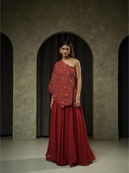 Muskan Aggarwal - Bright Red Anarkali Dress with One Shoulder Cape