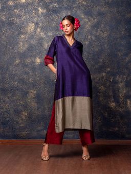 Nidhii Goyal - Purple Colorblock Kurta with Pant & Dupatta