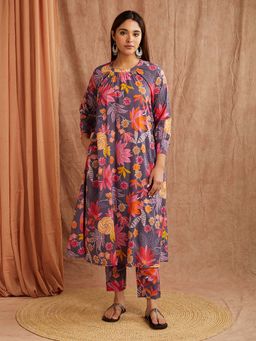 SHAABA CLOTHING - Purple Floral Printed Cotton Kurta with Pant