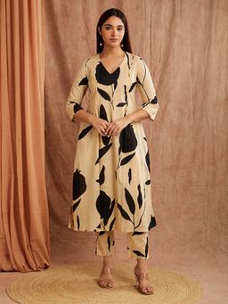 SHAABA CLOTHING - Beige Printed Cotton Kurta with Pant