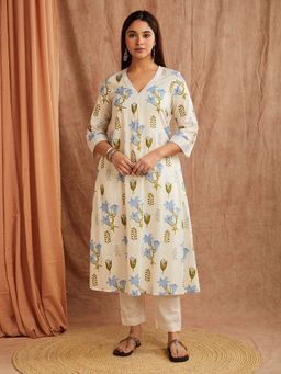 SHAABA CLOTHING - Blue Floral Printed Cotton Kurta with Pant