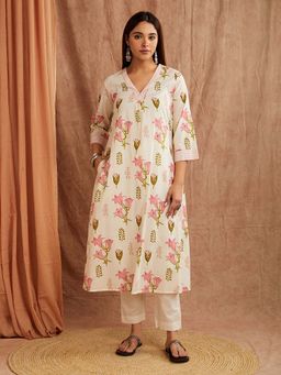 SHAABA CLOTHING - Pink Floral Printed Cotton Kurta with Pant