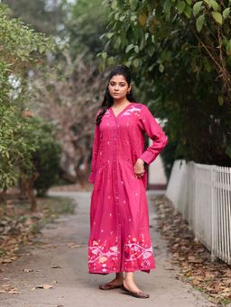 Sutra Art of Clothing - Fuchsia Pink Jamdani Silk Woven Border Cotton Dress