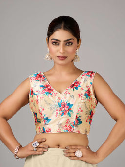 Ethnovog - Women Beige Floral V-Neck Sleeveless Stitched Blouse