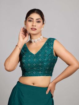 Ethnovog - Women Green Printed V-Neck Sleeveless Stitched Blouse