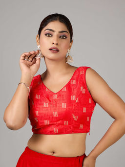 Ethnovog - Women Red Printed V-Neck Sleeveless Stitched Blouse