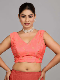 Ethnovog - Women Peach Embroidered V-Neck Sleeveless Stitched Blouse