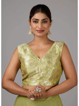 Ethnovog - Women Green Floral V-Neck Sleeveless Stitched Blouse