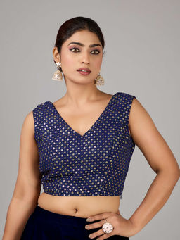 Ethnovog - Women Navy Blue Embellished V-Neck Sleeveless Stitched Blouse