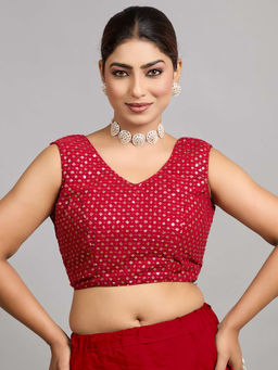 Ethnovog - Women Maroon Embellished V-Neck Sleeveless Stitched Blouse
