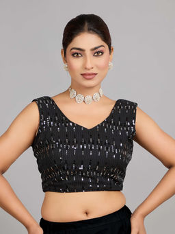 Ethnovog - Women Black Embellished V-Neck Sleeveless Stitched Blouse