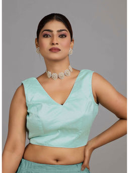 Ethnovog - Women Blue Embroidered V-Neck Sleeveless Stitched Blouse