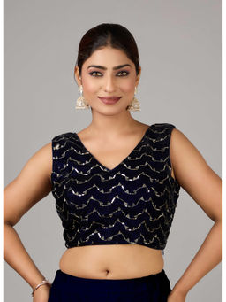 Ethnovog - Women Blue Embroidered V-Neck Sleeveless Stitched Blouse