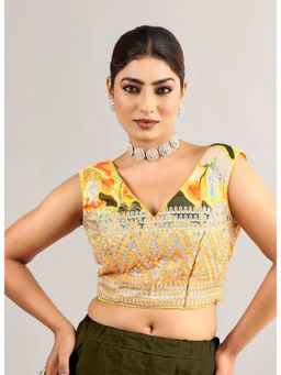 Ethnovog - Women Yellow Floral V-Neck Sleeveless Stitched Blouse