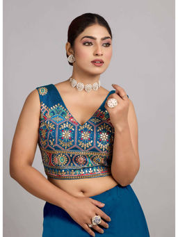 Ethnovog - Women Blue Embroidered V-Neck Sleeveless Stitched Blouse