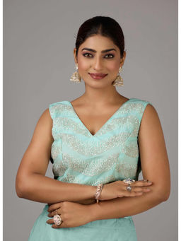 Ethnovog - Women Blue Embroidered V-Neck Sleeveless Stitched Blouse