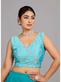 Ethnovog - Women Blue Embroidered V-Neck Sleeveless Stitched Blouse