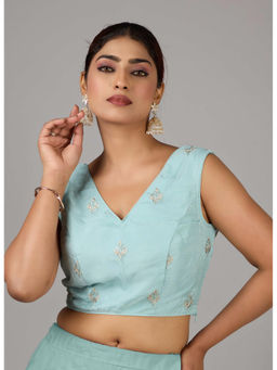 Ethnovog - Women Blue Embroidered V-Neck Sleeveless Stitched Blouse