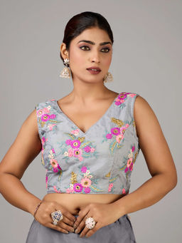 Ethnovog - Women Grey Floral V-Neck Sleeveless Stitched Blouse