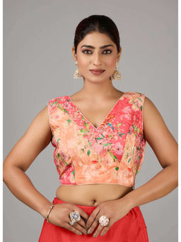 Ethnovog - Women Pink Floral V-Neck Sleeveless Stitched Blouse