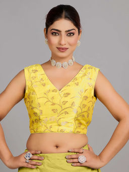 Ethnovog - Women Yellow Woven V-Neck Sleeveless Stitched Blouse