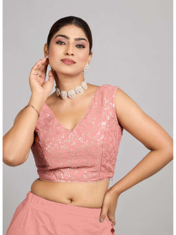 Ethnovog - Women Pink Embroidered V-Neck Sleeveless Stitched Blouse