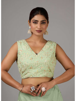 Ethnovog - Women Green Embroidered V-Neck Sleeveless Stitched Blouse
