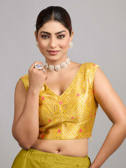 Ethnovog - Women Yellow Woven V-Neck Sleeveless Stitched Blouse