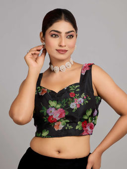 Ethnovog - Women Black Floral Sweetheart Sleeveless Stitched Blouse