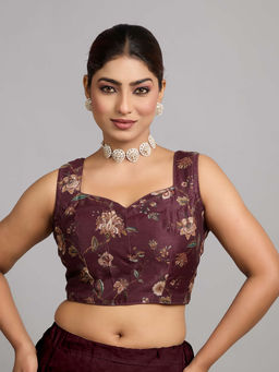 Ethnovog - Women Brown Floral Sweetheart Sleeveless Stitched Blouse