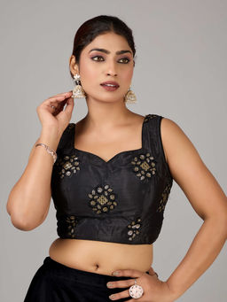 Ethnovog - Women Black Embroidered Sweetheart Sleeveless Stitched Blouse