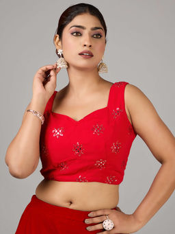 Ethnovog - Women Red Embroidered Sweetheart Sleeveless Stitched Blouse