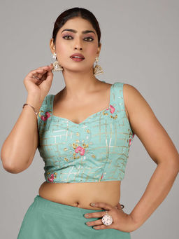 Ethnovog - Women Blue Embroidered Sweetheart Sleeveless Stitched Blouse